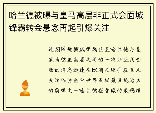 哈兰德被曝与皇马高层非正式会面城锋霸转会悬念再起引爆关注 哈兰德被曝与皇马高层非正式会面城锋霸转会悬念再起引爆关注